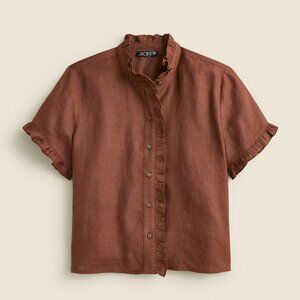 J.CREW EUC Women's Brown Ruffle-Trim Button-up Linen Shirt Size 4